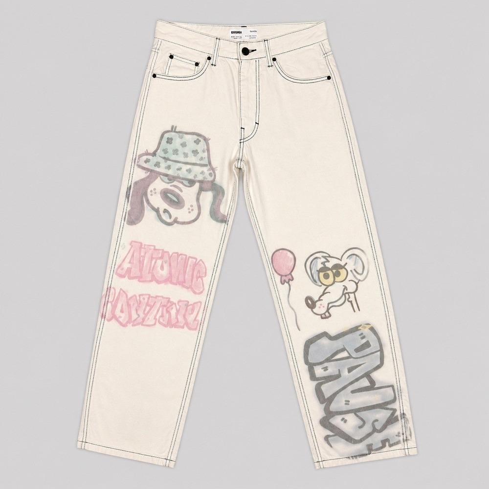 Bershka 90s Wide Leg Graffiti Graphic Jeans Off White 100% Cotton SZ 32x30 - Picture 2 of 7